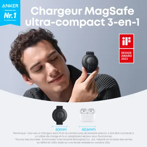 Anker MagGo Chargeur Induction iPhone Station de Recharge Sans Fil 3 en 1 Compatible MagSafe, Certifié Qi2 15W, Chargeur de Voyage pliable, iPhone 16/15/14, AirPods,Apple Watch (chargeur USB-C inclus)