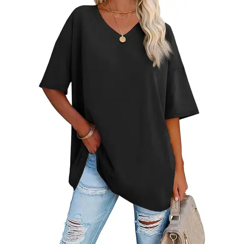 Women's Oversized Tshirts V Neck Tee Shirts Half Sleeve Loose fit T Shirt Cotton Tunic Tops 2025 (black， L)