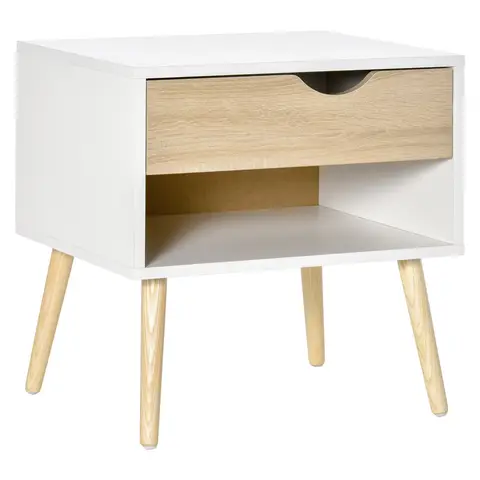 HOMCOM Bedside Table 1 Drawer Scandi White/Oak Effect