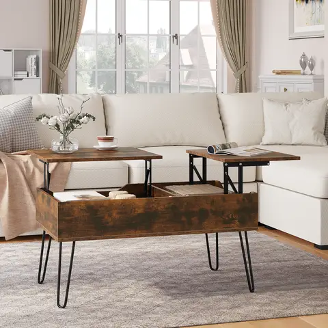 WOLTU Couchtisch mit Hebefunktion, Wohnzimmertisch mit Innenlagerung, Ausziehbare und Hebbare Tischplatte, Sofatisch mit Metallbeinen, Rustikal Braun, BTS14vbn