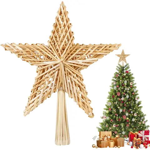 SALCAR Etoile Sapin de Noël en Paille Naturelle, 25cm Étoiles en Paille pour Sapin de Noël, Décoration de Sapin de Noël Naturelles Faites à la Main