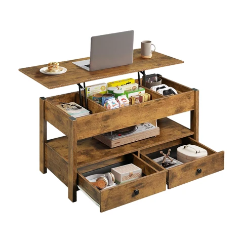 WLIVE in hoogte verstelbare salontafel, woonkamer tafel met 2 lades en verborgen opbergvak, 50 x 100 cm, houtlook, salontafel, vintage bruin