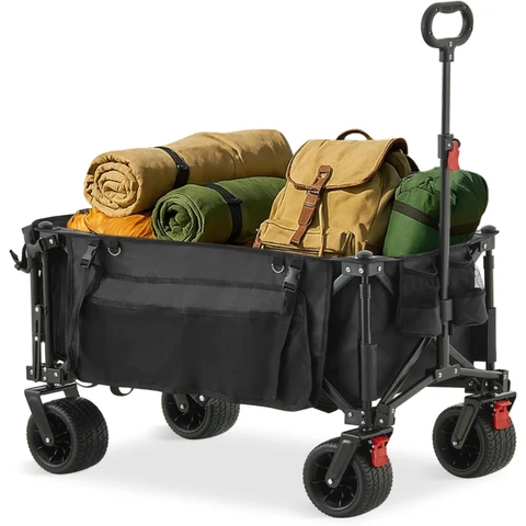CLIPOP Festival Trolley with All-Terrain Wheels, 180L Folding Wagon with Expandable Tailgate and Adjustable Handle Large Capacity Garden Cart for Beach Camping Outdoor Black