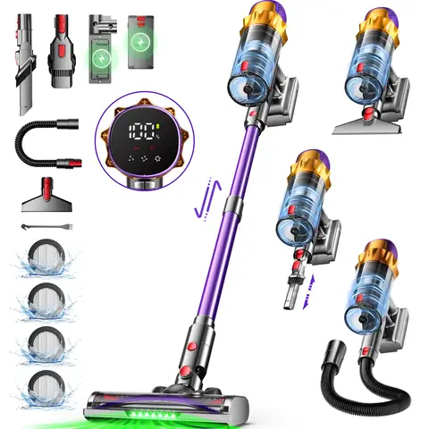Daynee 65kPa/70Min Akku Staubsauger,65KPa Akkusauger mit Display,1M Schlauch und Anti-Tangle-Bürste,Staubsauger Kabellos,HEPA*4 Kabelloser Staubsauger für Tierhaare, Teppich und Hartböden
