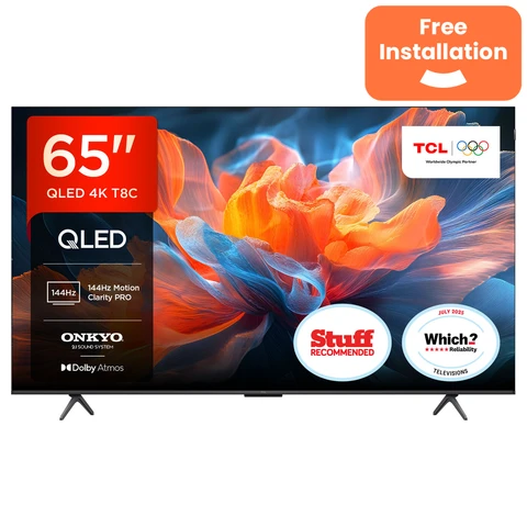 TCL 65T8C 65” QLED 4K Ultra HD, HDR PRO TV, Smart TV Powered by Google TV (Dolby Vision & Atmos, 144Hz Motion Clarity Pro Voice Control, compatible with Google Assistant, Google Cast)