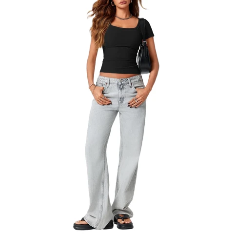 Débardeur à manches courtes col rond coupe slim extensible pour femme Taille L Noir