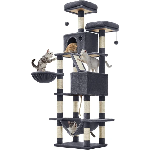 Feandrea 206 cm kratzbaum 13 kratzpfosten 2 plattformen 2 höhlen korb hängematte pompons rauchgrau