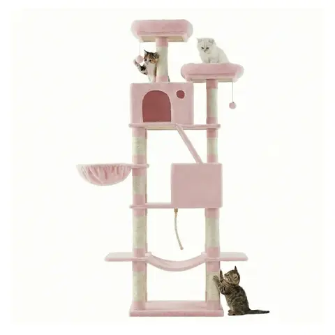 SONGMICS Arbre à chat hauteur 206 cm avec 13 griffoirs, 2 plateformes, 2 niches et panier, hamac, pompon - Rose bonbon