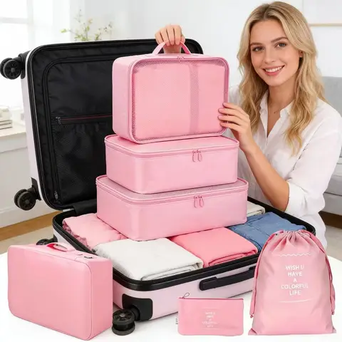 VoxorAI Pink Travel Bag/Travel Pouch/Clothing Storage Bag/Toiletry Bag - 8-Piece Travel Organizer Set