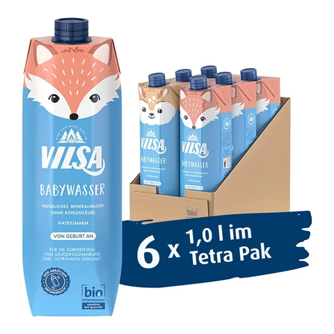 VILSA Baby-Wasser Bio-Natur – Natürliches Bio-Mineralwasser für Babys (6 x 1L Tetra Pak)
