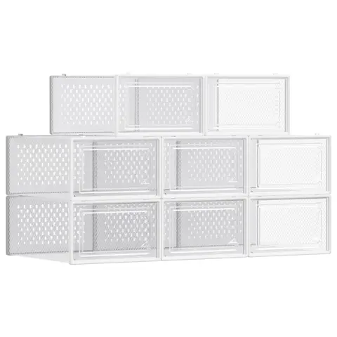 Boîtes à Chaussures, Lot de 18, en Plastique, pour Chaussures Jusqu’à la Pointure 43, Transparent et Blanc