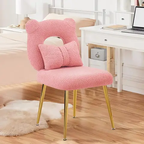 Ckaff Dressing Table Chair, Dressing Chair, Living Room Chair with Removable Throw Cushion & Adjustable Gold Legs, Desk Chair, Dining Room Chair for Bedroom, Living Room, Children's Room, Pink