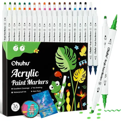 Ohuhu Dual Tip Acrylic Paint Pens - 36 Colors, Brush & Dot Tips, High Opacity Markers for Rock, Wood, Glass, Ceramic, Canvas