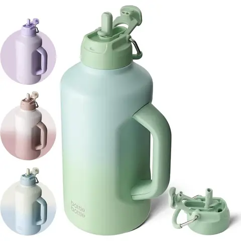 Bottle Bottle Gourde de sport en acier inoxydable avec bouchon 2-en-1 à paille et poignée, 1,8 L, dégradé de vert