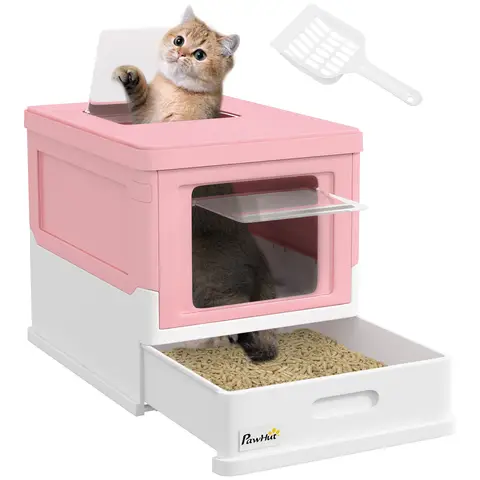 PawHut Cat Litter Box with Pull-Out Drawer Pan, Foldable Hooded Litter Tray with Lid & Scoop, Easy Clean, Odour Control Pink