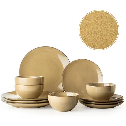 Dafuceramic Plates and Bowls Sets, 12 Pieces Modern Stoneware Dinnerware Set for 4 Kitchen Dinner Set Ceramic Dishware Dishes Set Microwave and Dishwasher Safe (Maize Yellow)
