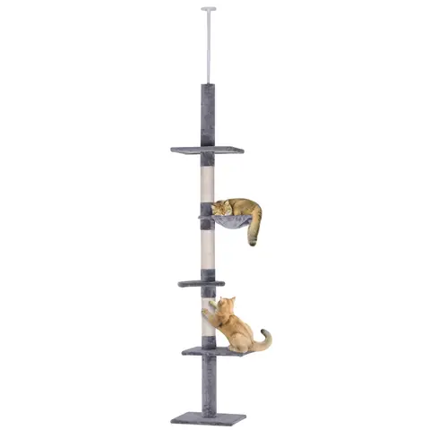 PawHut Floor to Ceiling Cat Tree 230-260cm Height Adjustable, 5-Tier Cat Tower with Scratching Posts, Hammock, Perches, Climbing Activity Centre for Indoor Kittens Playing and Relaxing, Grey