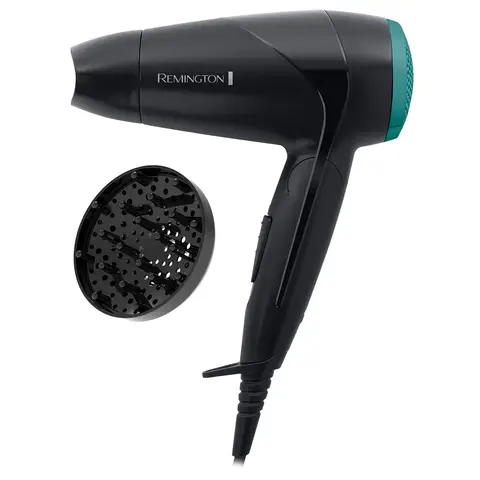 Remington D1500 Travel Hair Dryer with Diffuser, Folding Handle, Lightweight & Compact, 2000W Dryer, Worldwide Voltage, 2 Heat & Speed Settings, Black, D1500