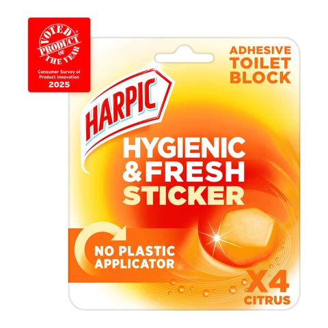 Harpic Hygienic & Fresh Sticker Adhesive Toilet Block, Citrus, 4 Blocks