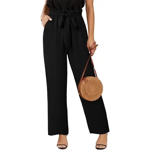 Women's High Waisted Leopard Print Palazzo Pants Belted Wide Leg Long Trousers with Pockets (black, M)
