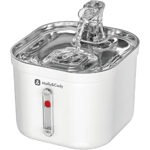 Molly&Cody Spring Trinkbrunnen für Katzen & Hunde (2L Wasserkapazität, Automatischer Wasserspender, Ultra-leise Wasserpumpe, Sichtbarer Wasserstandsanzeiger, 3-stufiges Filtersystem, Kompakt, Edelstahl)