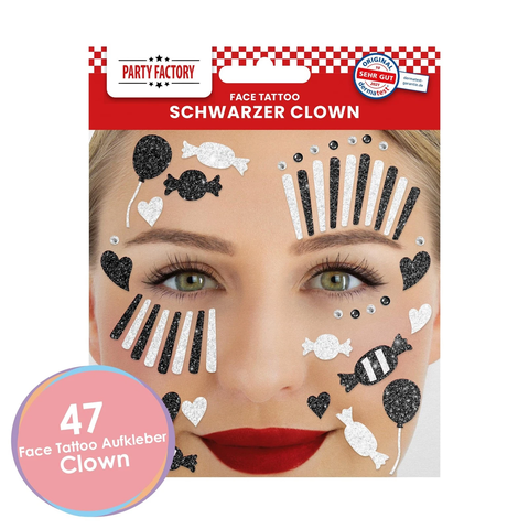 Face Tattoo schwarz/weißer Clown, temporäres Glitter Gesichtstattoo für Motto Party, Halloween & Karneval, Kinder & Erwachsene