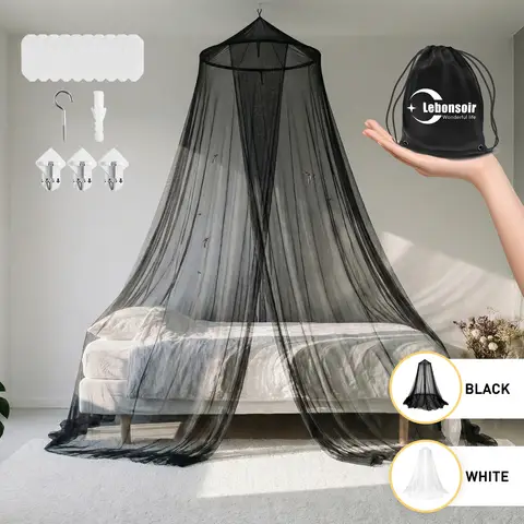 LeBonsoir Mosquito Net, Summer Mosquito Protection, Multi-Scene Use for Indoor/Camping/Travel, with Storage Bag and No-Drill Adhesive Hooks, Fits Multiple Sizes, Black