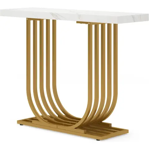 Tribesigns Modern Console Table with Gold Base, 90cm Faux Marble Entrance Foyer Table, Narrow Sofa Accent Table with Geometric Metal Legs for Living Room, Hallway, Entrance, White and Gold