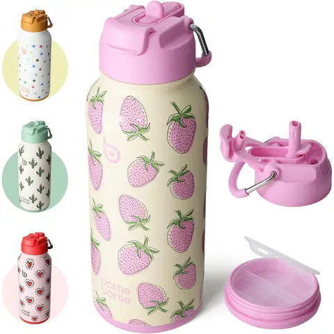 Bottle Bottle 32oz Insulated Stainless Steel Sport Water Bottle with Straw, Dual-Use Lid Design for Gym with Pill Box, Sweet Berry