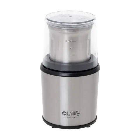 CAMRY CR 4444 Kaffeemühle mit Sicherheitsdeckel, Volumen 75 g, 400W, Gehäuse aus Edelstahl, sichere Elektromühle mit Löffel, Elektrische Propellermühle mit transparentem Deckel, Silber