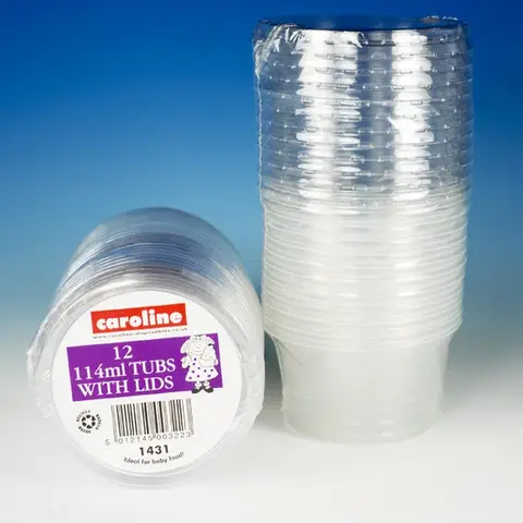 Caroline Clear 4oz Round Plastic Tub with Lid, 75mm diameter x 55mm deep, pack of 12