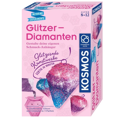KOSMOS 657758 Glitzer-Diamanten, Funkelnde Schmuck-Anhänger erstellen und gestalten, mit Gießformen, Schmuckbändern, Glitzer, Granulat in 3 Farben, Experimentierset für Kinder von 8-12 Jahren