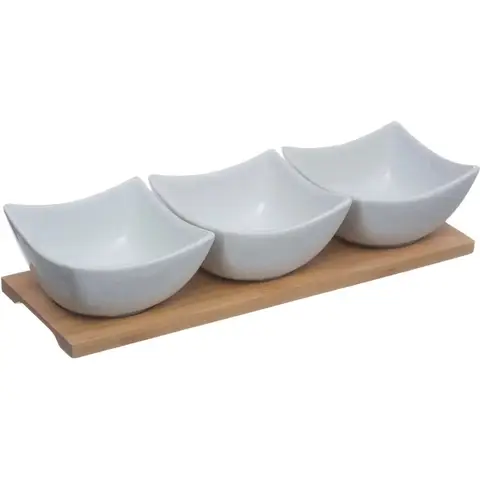 Secret de Gourmet Bamboe Snackset met Porseleinen Schalen - 4 stuks, Wit