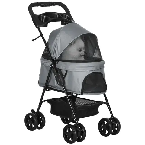 PawHut Dog Pram Dog Stroller Foldable Pet Pushchair with 4 Wheels, Safety Leashes, Cup Holder for Small Dogs Grey
