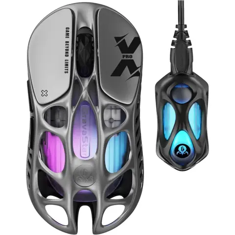 GravaStar Mercury X Pro 49 g kabellose Gaming-Maus, 8K-Dongle, 32.000 dpi PAW 3950-Sensor, 8000 Hz Abtastrate, Magnesiumlegierung, Hohlgestaltung, RGB-Beleuchtung, 5 programmierbare Tasten - Silber