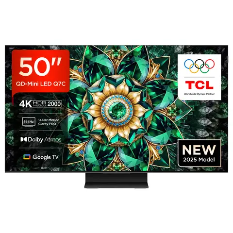 TCL 50Q7C QLED Mini LED Fernseher, 50 Zoll, 4K HDR Premium, Dolby Vision IQ & Atmos, Smart TV mit Google TV, Onkyo 2.0 Sound, 144Hz VRR, AMD FreeSync Premium Pro, HDMI 2.1, AirPlay 2, Alexa, IMAX Enhanced