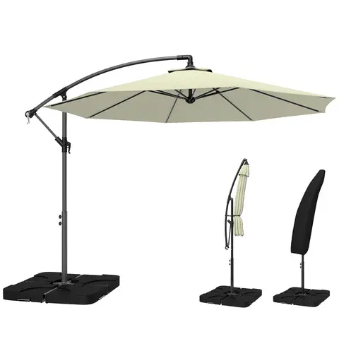 Outsunny 3 m Cantilever Parasol with Umbrella Weights, Cross Base, Offset Outdoor Umbrella with Protective Cover, Crank Handle, Beige