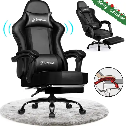 Gaming chair, ergonomic office chair with telescopic footrest, gaming chair with headrest and lumbar support, upholstered gaming armchair 150 kg, height-adjustable gaming chair