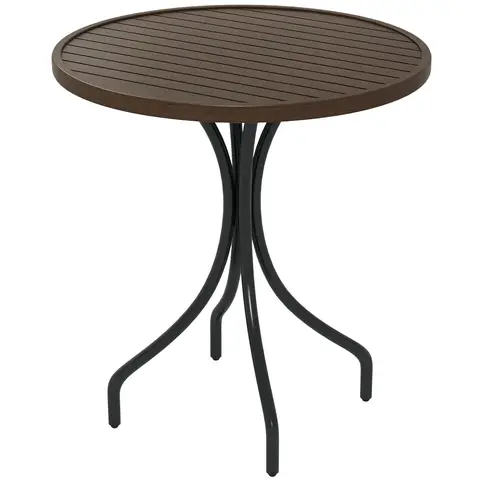 Outsunny Φ66cm Garden Side Table, Round Bistro Coffee Table, Outdoor Patio Table with Steel Frame and Slat Tabletop for Balcony and Porch, Brown Wood Grain