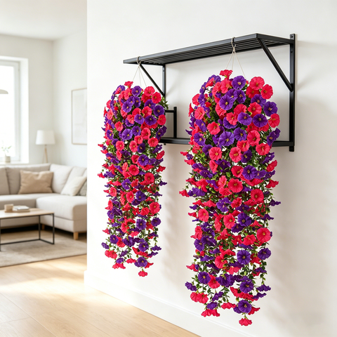 4Pcs 30in/76cm
Artificial Flowers for Outdoors, Fake Artificial Hanging Flowers for Outdoors Realistic Hanging Flowers Silk Petunia Faux Flowers for Porch Patio(purple&rose red)