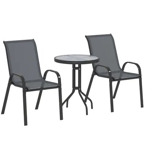 Outsunny 3 Pieces Garden Dining Set, 2 Seater Garden Furniture with High Back Stackable Chairs and Round Glass Top Table, Outdoor Bistro Set for Patio, Dark Grey