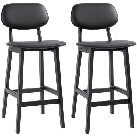 HOMCOM Bar Stools Set of 2, Breakfast Bar Chairs, PU Leather Upholstered Kitchen Stools with Backs Black