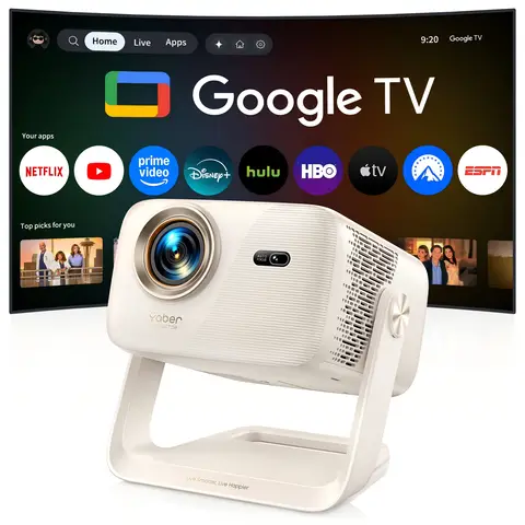【Nouveau produit avec offres限时】Vidéoprojecteur YABER L2 520 lumens ISO,Google TV intégré,doubles haut-parleurs 5W,home cinéma FHD 1080P natif,montage au plafond à 360° compatible avec support flexible