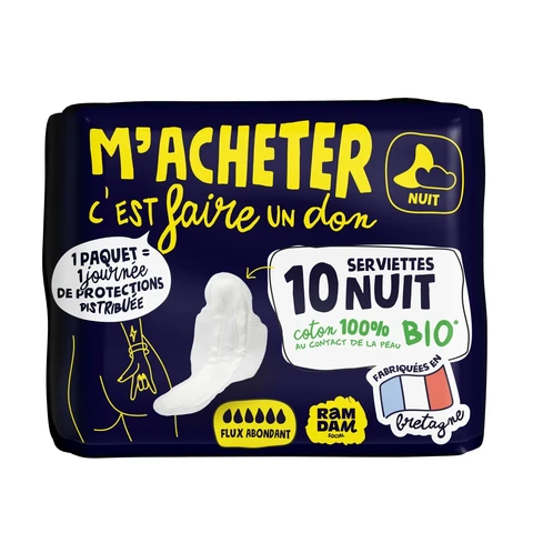 RAMDAM Serviettes Hygiéniques de Nuit avec Ailettes Flux Abondant Coton 100 % Biologique - 10 Unités