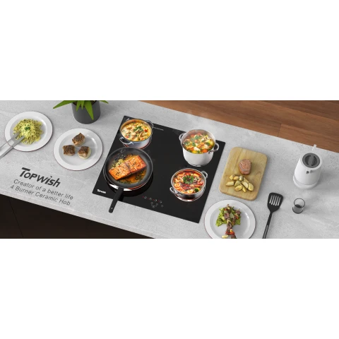 Topwish keramische kookplaat, 2 zones keramische kookplaat, elektrische kookplaat, geïntegreerde elektrische kookplaat, inbouwkookplaat met 9 standen, kinderveilig, touchbediening, restwarmte-indicatie, timer, 29 * 52cm