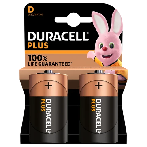 DURACELL Plus Power D Size Alkaline Batteries +100% Life - 2 Pack