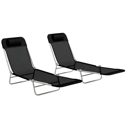 Outsunny Folding Sun Loungers for Garden Set of 2, Texteline Reclining Sun Bed with 5 Position Adjustable Backrest, Headrest,