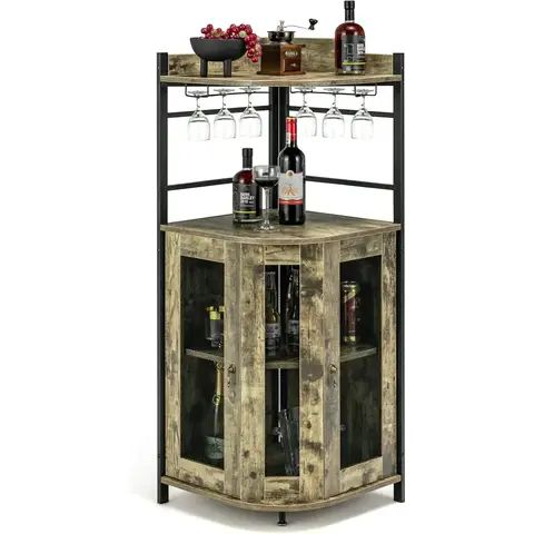 COSTWAY Industrial Corner Bar Wine Cabinet with Metal Mesh Doors and Adjustable Shelf-Rustic Brown