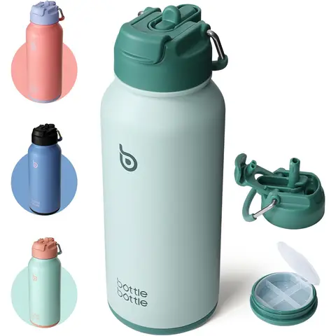 Bottle Bottle Gourde de sport en acier inoxydable avec bouchon 2-en-1 à paille et compartiment à pilules, vert, 950 ml