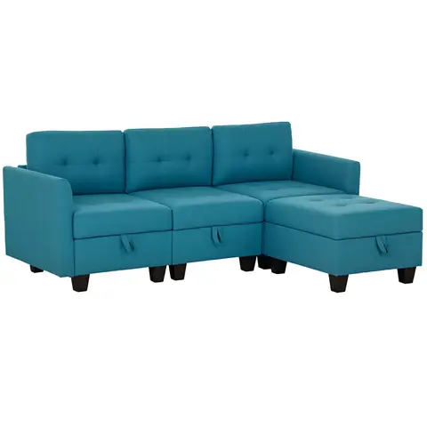 HOMCOM Convertible Modular Sectional Sofa with Storage, Tufted 3 Seater Sofa Set, L Shaped Couch with Ottoman Light Blue